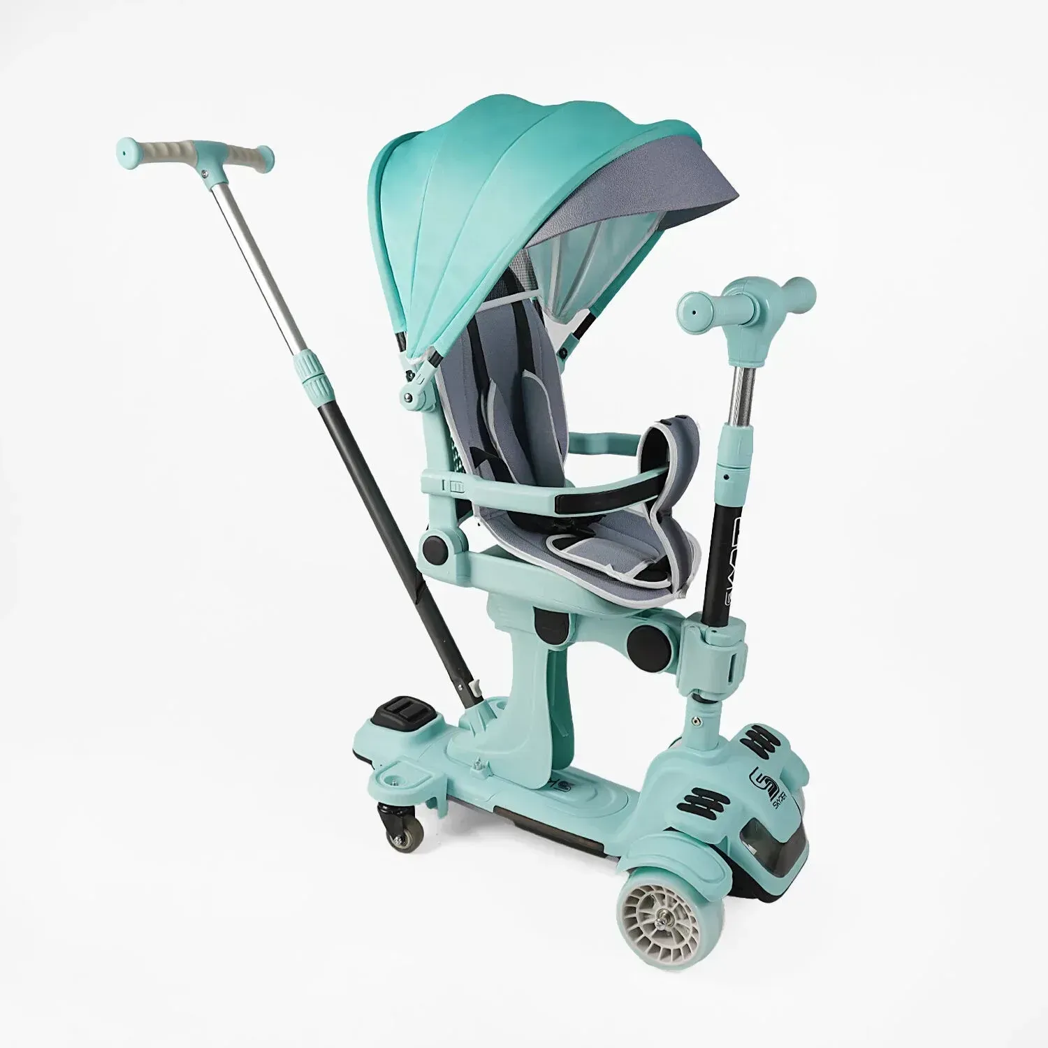 Самокат-трансформер детский 5в1 3-х колесный с подсветкой/музыкой/сиденьем/родительской ручкой Мятный