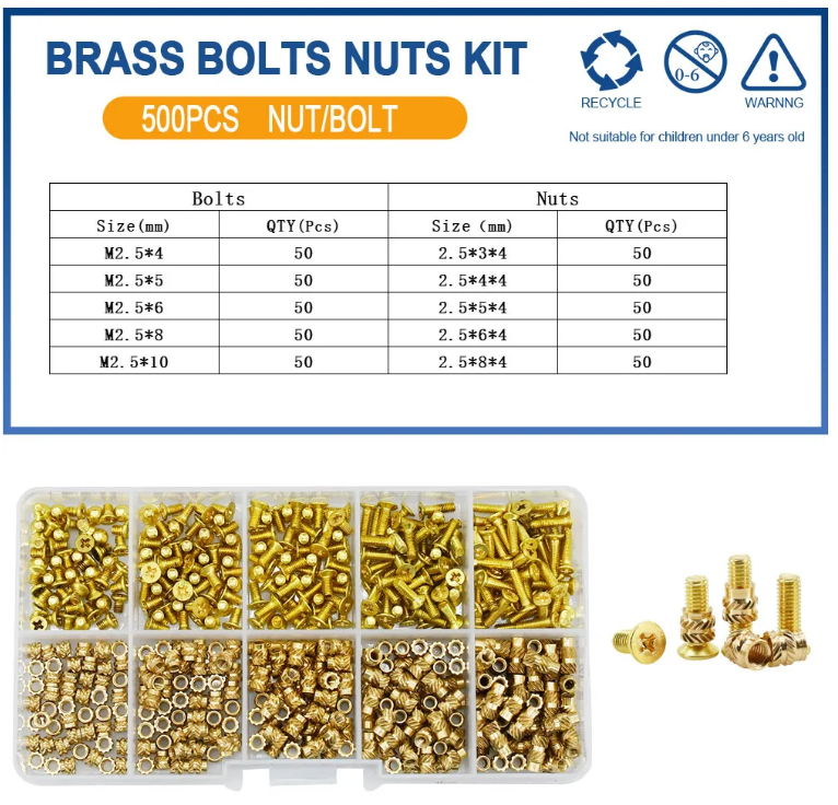 Гайки та гвинти Латунні для 3D друку PLA/ABS Spec М2,5 мм 500 шт. (SP-16725500) - фото 2