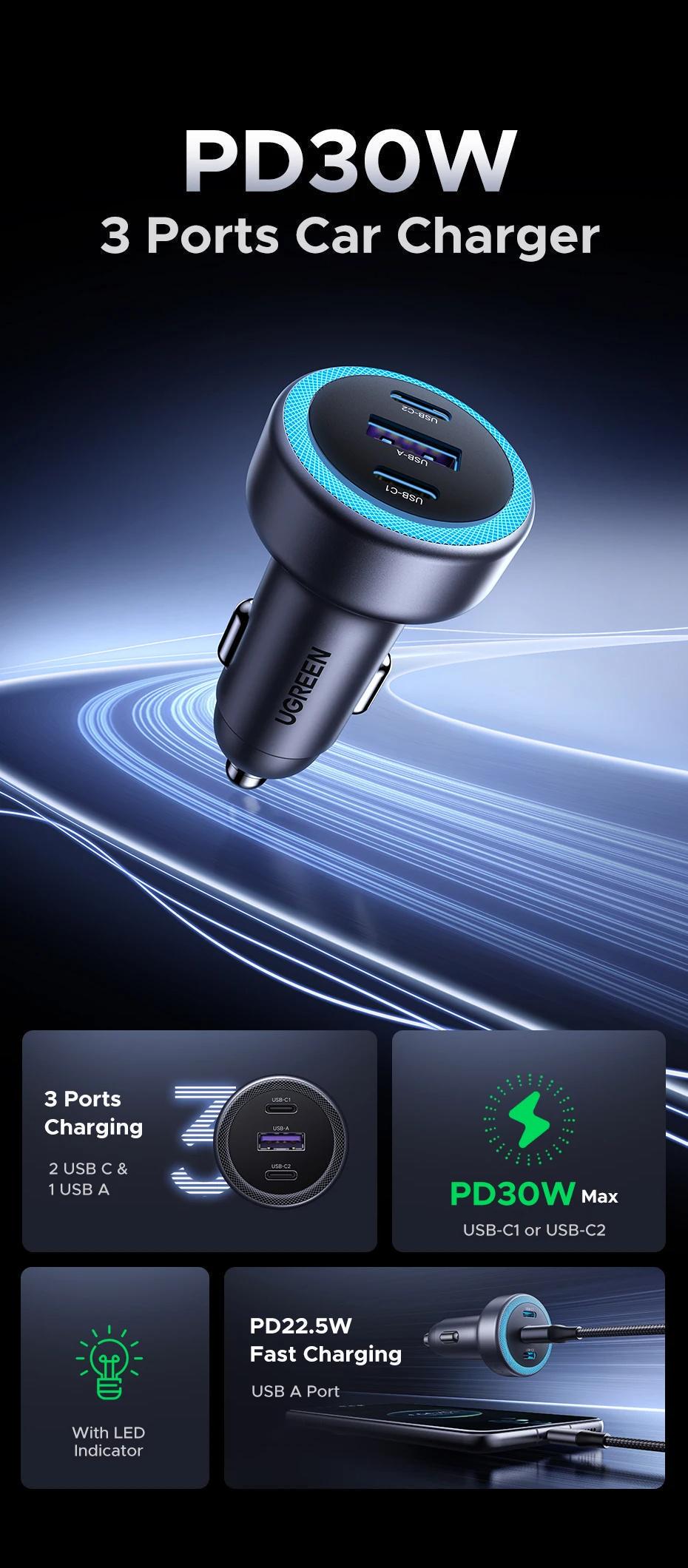 Зарядное устройство для автомобильного Ugreen 30W 3 порта 2xUSB-C Темно-серый (45843) - фото 9