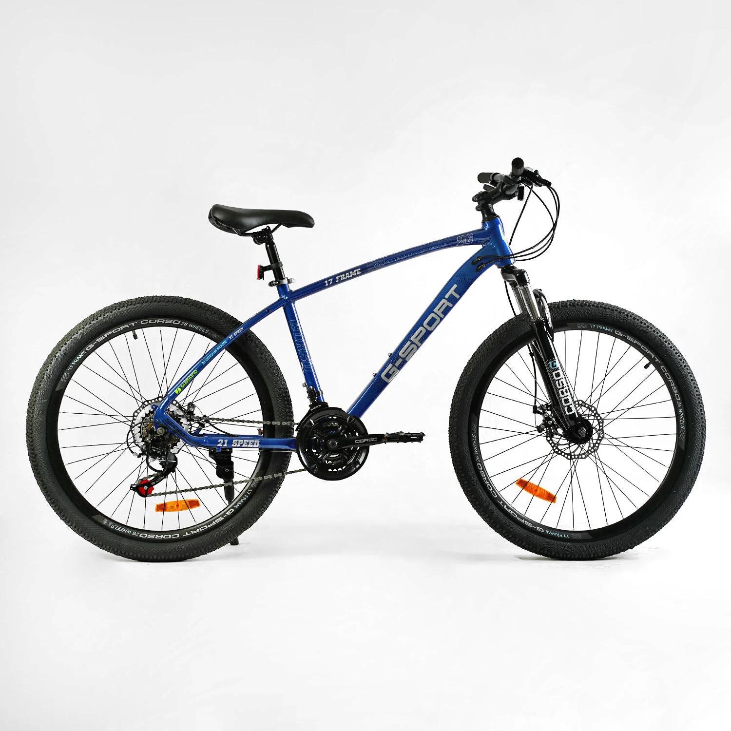 Велосипед спортивный Corso G-SPORT 26" 21 скорость рама алюминиевая 17" оборудование Shimano Blue (138270)