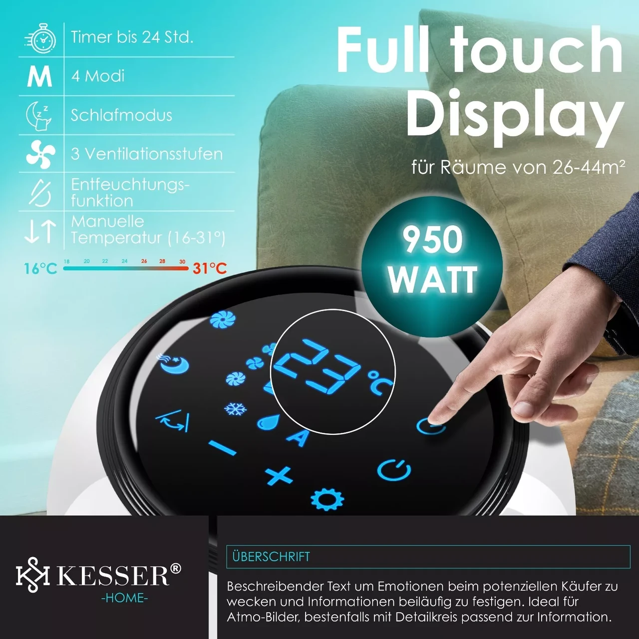 Кондиционер вентилятор мобильный KESSER 4в1 2,7 кВт 35x78,5x37 см Белый - фото 4 Кондиционер вентилятор мобильный KESSER 4в1 2,7 кВт 35x78,5x37 см Белый - фото 4