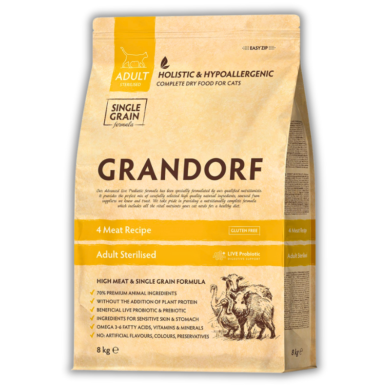 Корм для кошек сухой Grandorf 4 мяса для взрослых стерилизованных и кастрированных котов всех пород 8 кг (82708) - фото 1 Корм для кошек сухой Grandorf 4 мяса для взрослых стерилизованных и кастрированных котов всех пород 8 кг (82708) - фото 1
