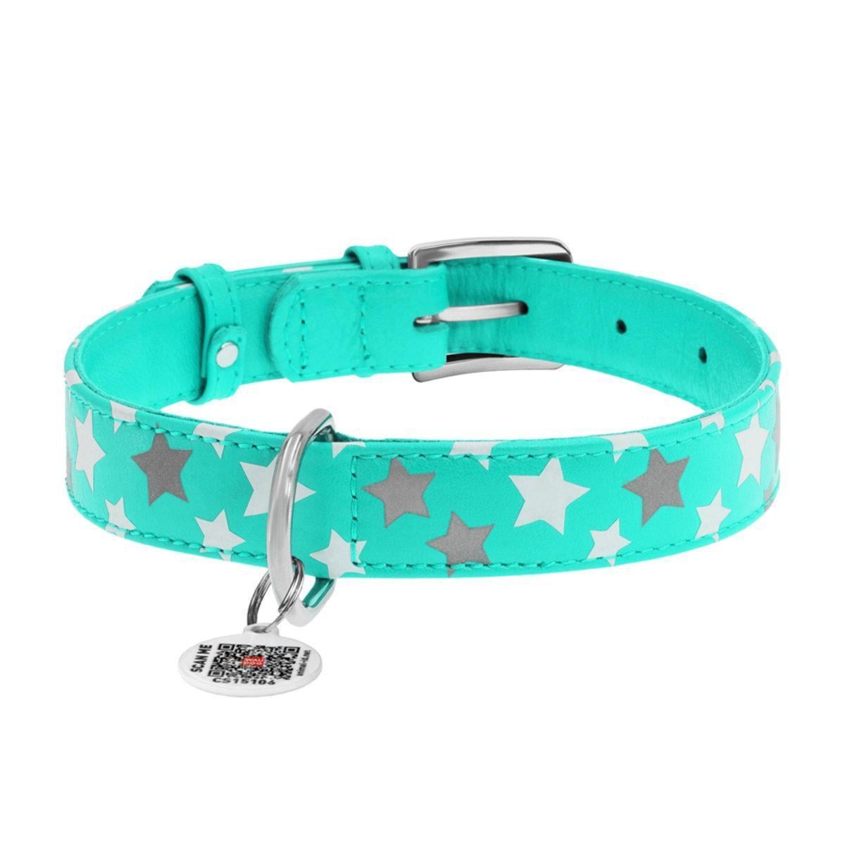 Нашийник для собак шкіряний Waudog Glamour Зірочка з QR паспортом/світлонакопичувальний/світловідбивний L 25 мм х 38-49 см Ментоловий (358713 Col)
