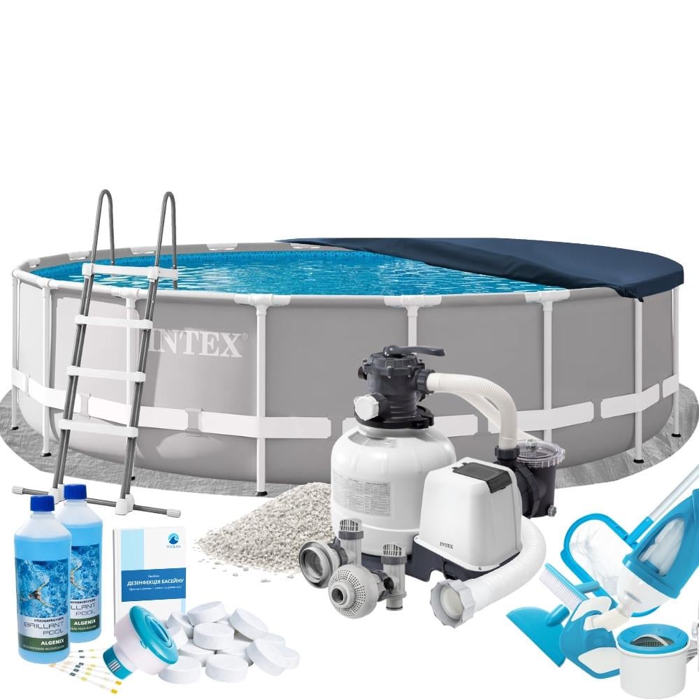 Бассейн каркасный круглый для дома Intex Max 26732-10в1 549х122 см с песчаным фильтром/тентом/подстилкой и химией Серый (147-9-26732-10 Max)