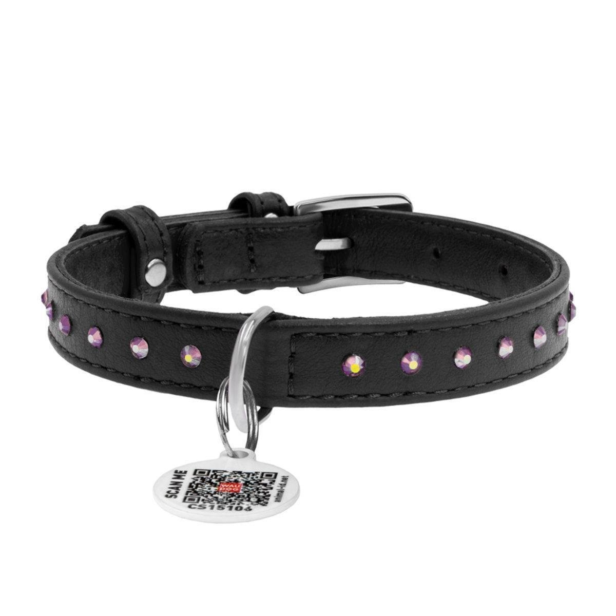 Нашийник для собак шкіряний Waudog Glamour з QR паспортом/клейовими стразами 12 мм х 21-29 см Чорний (32681 Col)