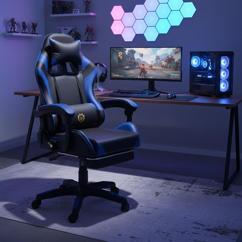 Геймерское кресло Primaveo с подушками и выдвижной подставкой для ног Черный/Синий (G1155 (7)