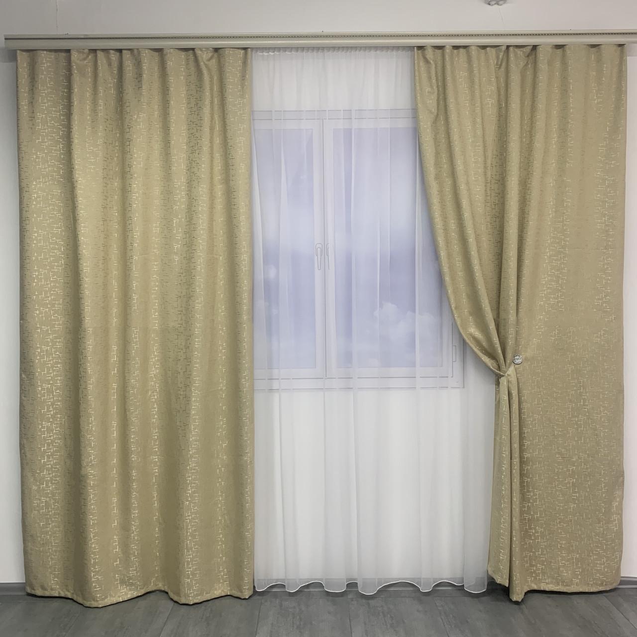 Шторы готовые для спальни и гостиной Мрамор плотные льняные с шифоновым тюлем Золотистый