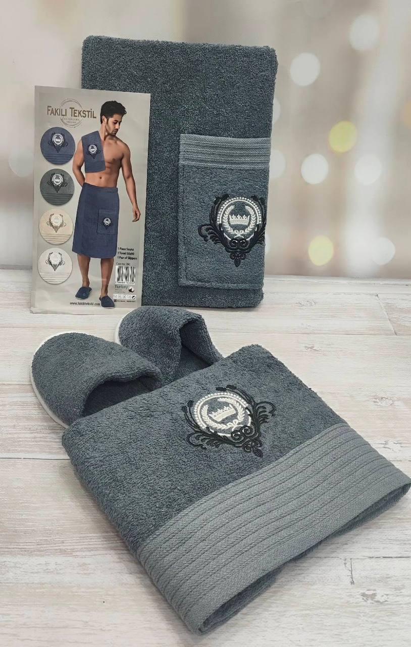 Набір рушників махровий для лазні з чоловічими тапочками Графіт (П4К-am-mah25m-001-01)