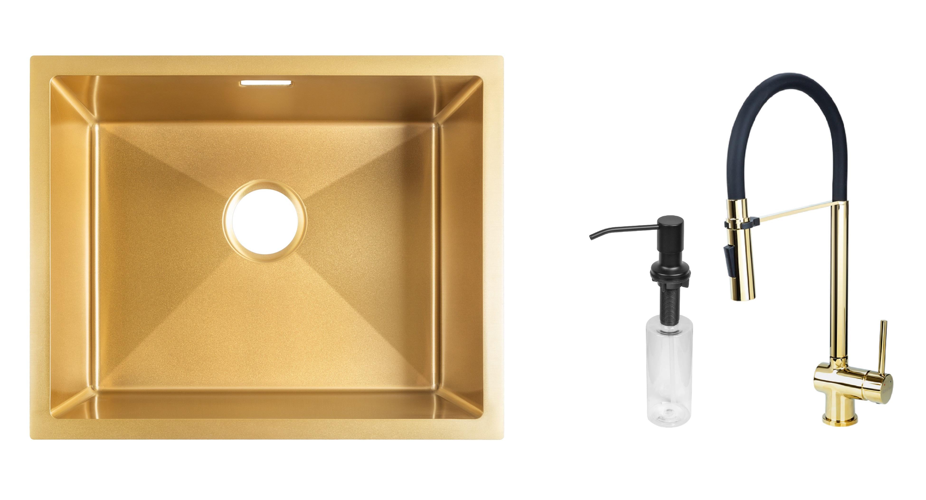 Комплект з кухонної мийки Gunter&Hauer Ruwer 5522 Gold кухонного змішувача Gunter&Hauer EDEL Gold та дозатора Gunter&Hauer SOAP DISPENSER Black