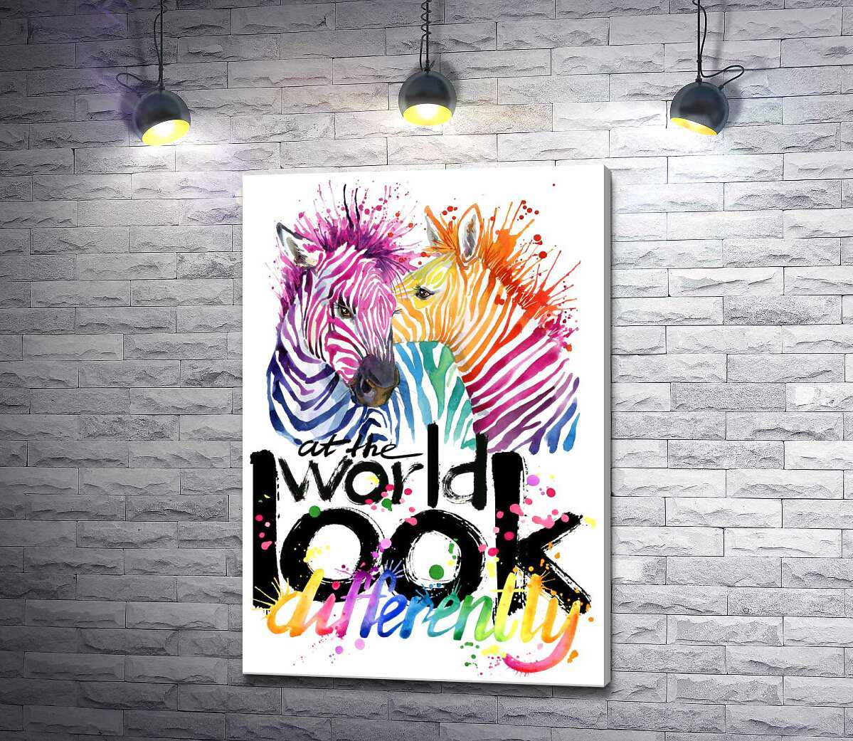 Картина ArtPoster Кольорові полоски зебр та напис "look at the world differently" 34x50 см Модуль №1 (001592)