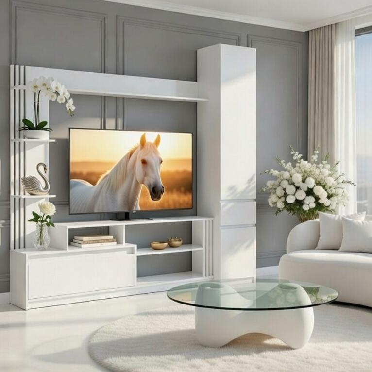 Стенка для ТВ Мастер Форм Брайт ДСП в гостиную с пеналом правосторонняя 2100х520х2000 мм Белый (31036)