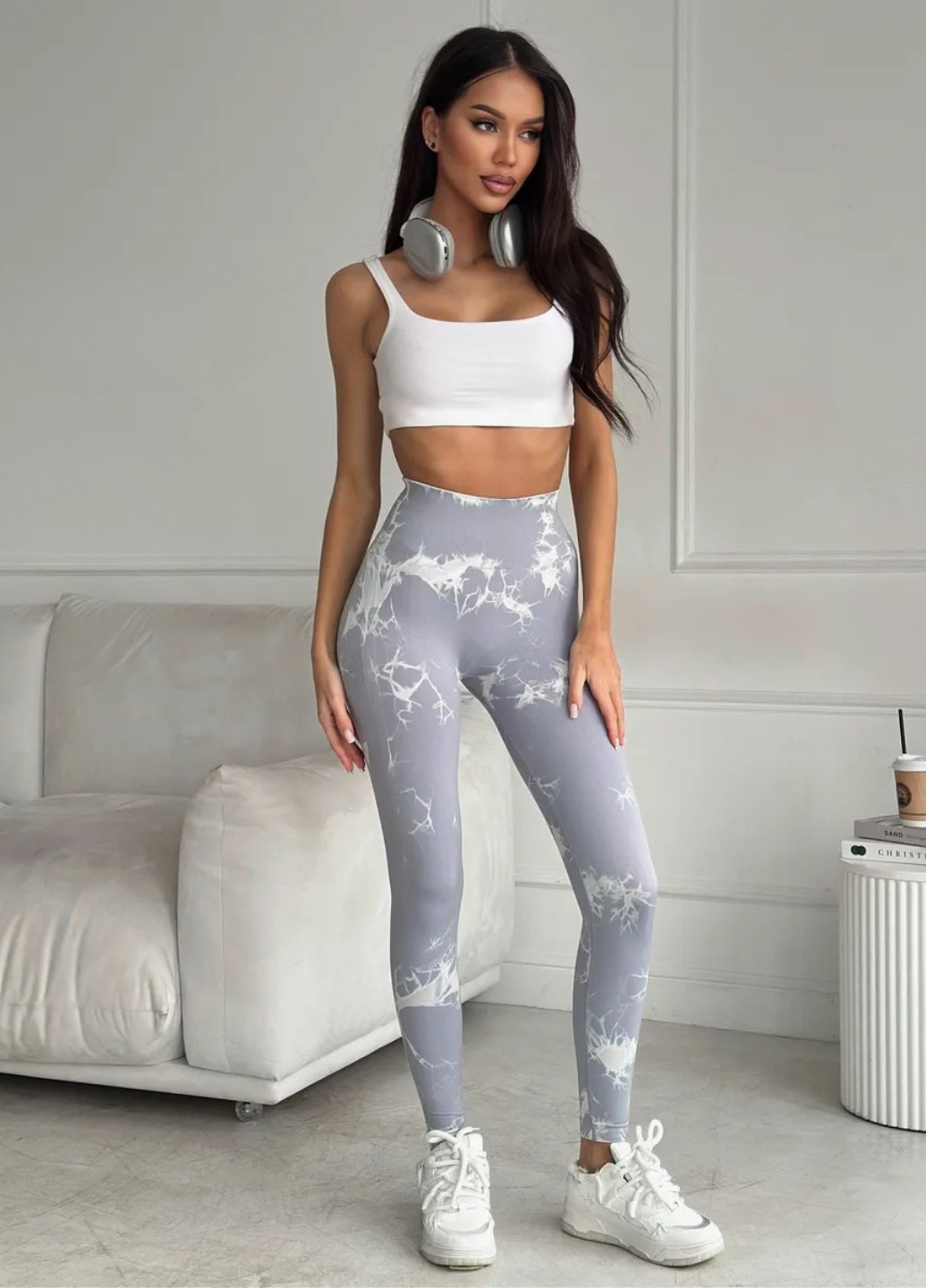 Лосины мраморные для тренировок с эффектом пуш ап с высокой талией S Серо-белый (70175/S) - фото 6