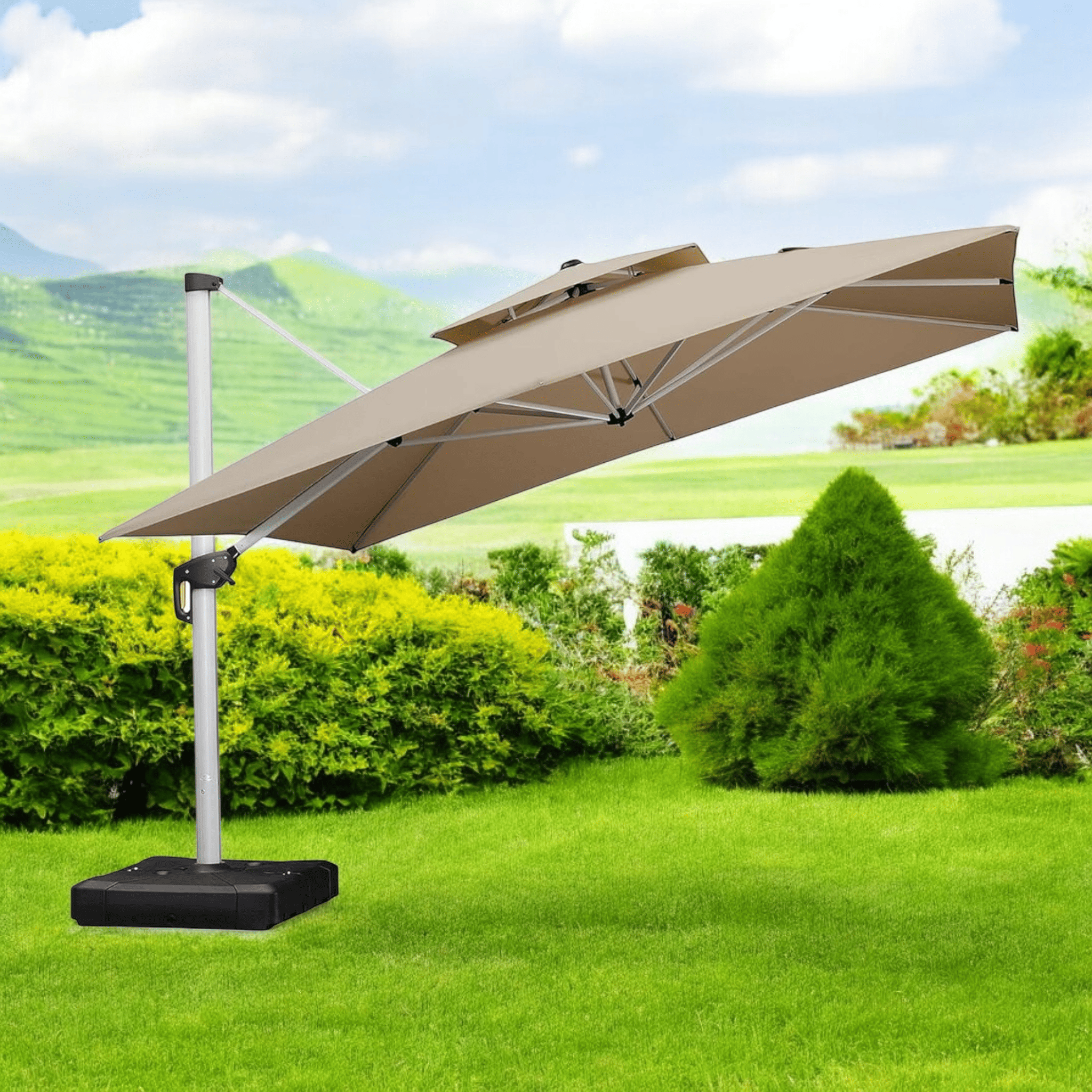 Садова парасолька консольна регульована WCG з LED-підсвічуванням та сонячною панеллю та чохлом для саду 3x3 м Бежевий (W-70681)