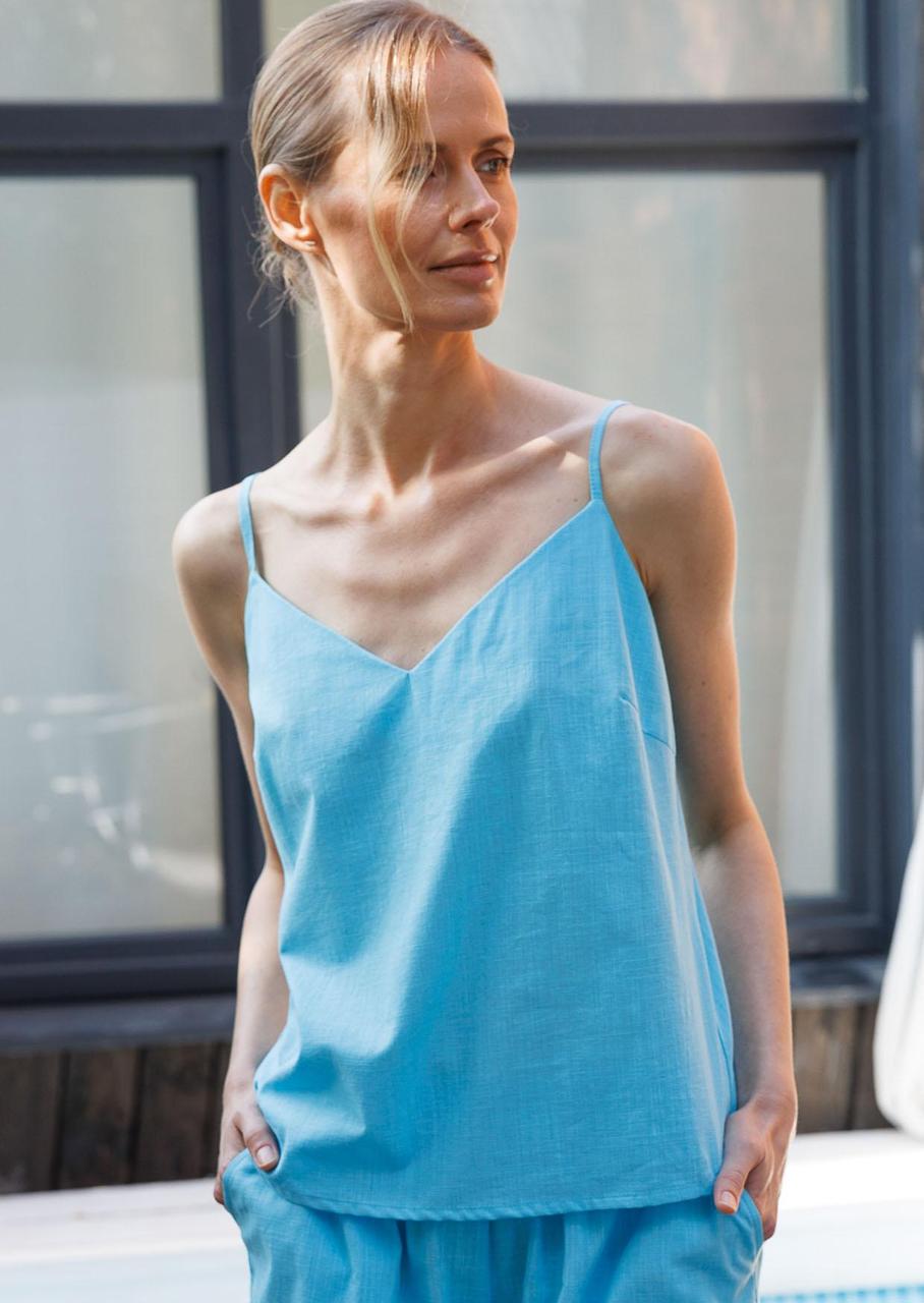 Костюм женский Leinle майка на тонких бретелях/шорты с высокой посадкой XXL Голубой (1504/69018+1529/69018) - фото 6 Костюм женский Leinle майка на тонких бретелях/шорты с высокой посадкой XXL Голубой (1504/69018+1529/69018) - фото 6