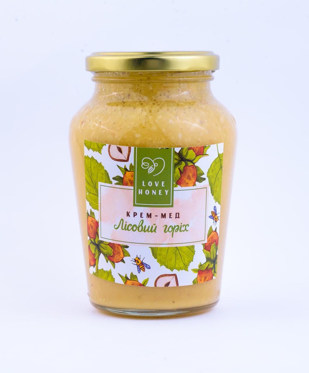 Крем-мед LOVE HONEY Лісовий горіх зі смаженим та подрібненим фундуком без цукру 600 г
