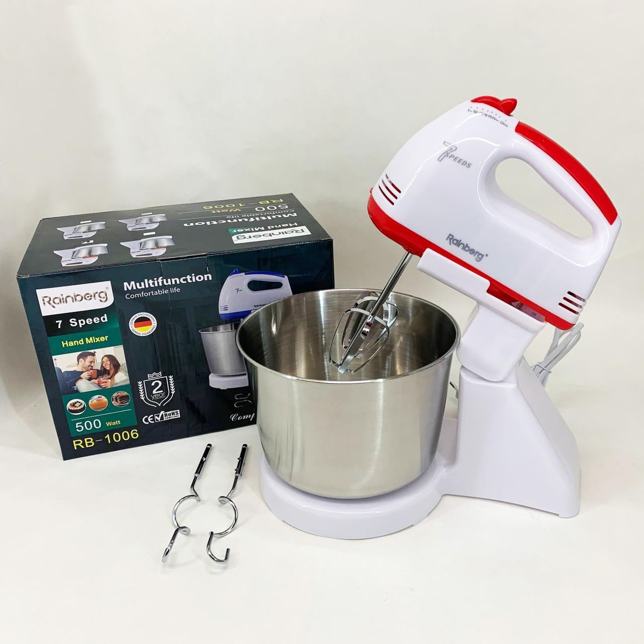 Міксер електричний стаціонарний Rainberg RB-1006 з чашею та насадками для замішування тіста 500W Red (13356315)