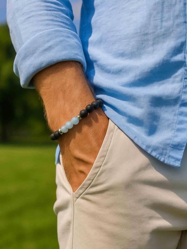 Браслет мужской из лавового камня и аквамарина (4681)