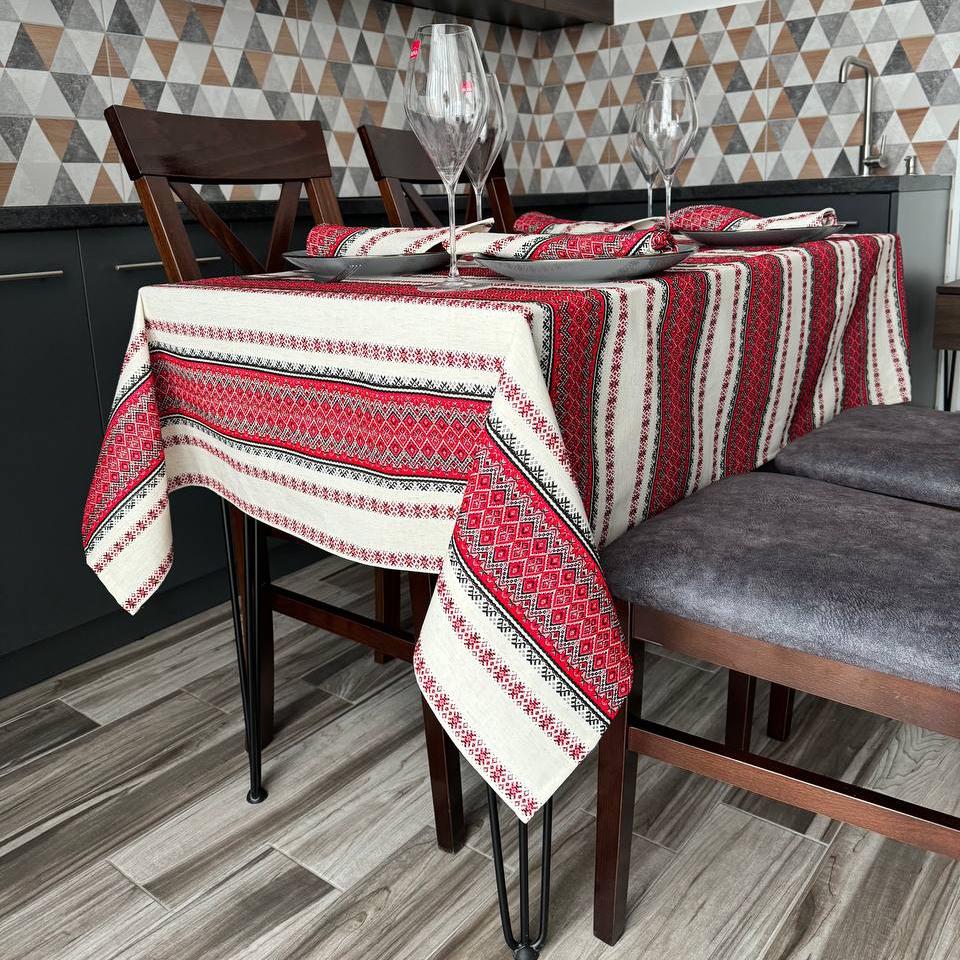 Скатертина лляна Український орнамент №3 прямокутна 250x145 см Червоний (40036-p4)