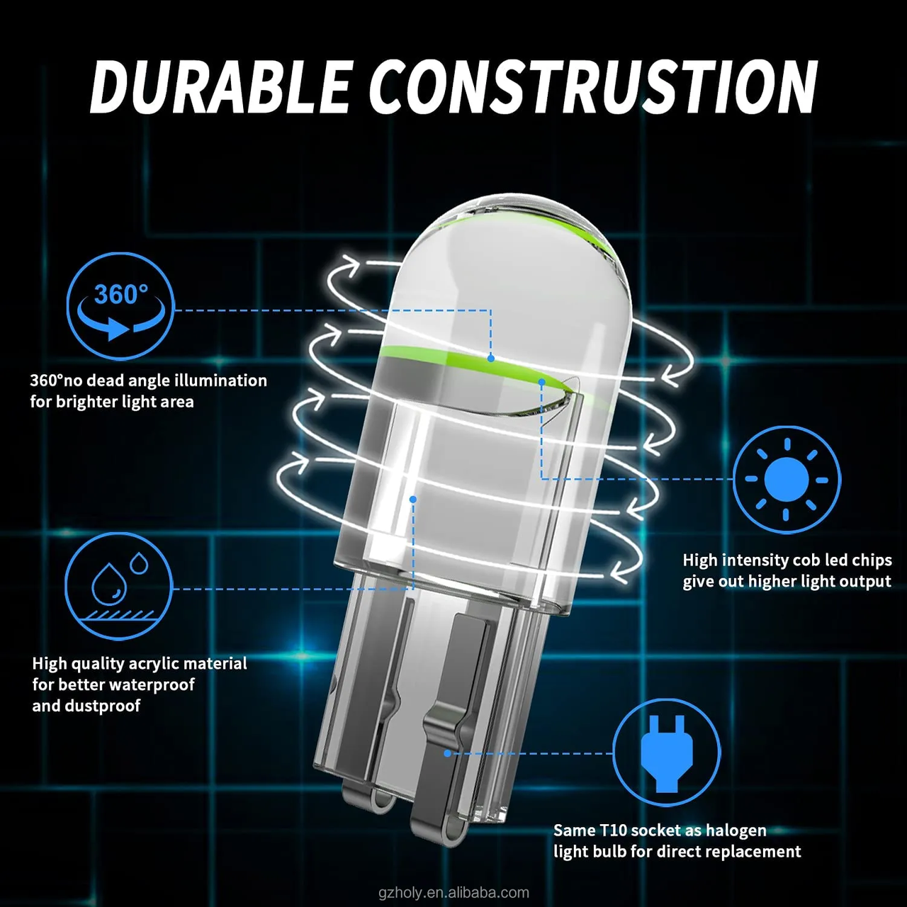 Автомобильная лампа Terra T10 W5W W2,1x9,5d COB стекло 12V Синий (1798256776) - фото 4