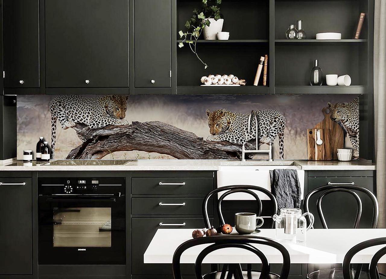 Кухонный фартук Леопарды коты из самоклеющейся виниловой пленки 60х250 см Бежевый