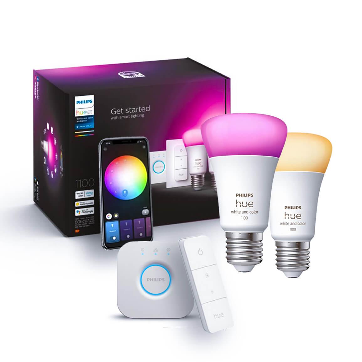 Стартовый комплект Philips hue E27 White and Color 1100 лм 75 Вт 2 шт./Dimmer/блок управления Bridge/Apple HomeKit