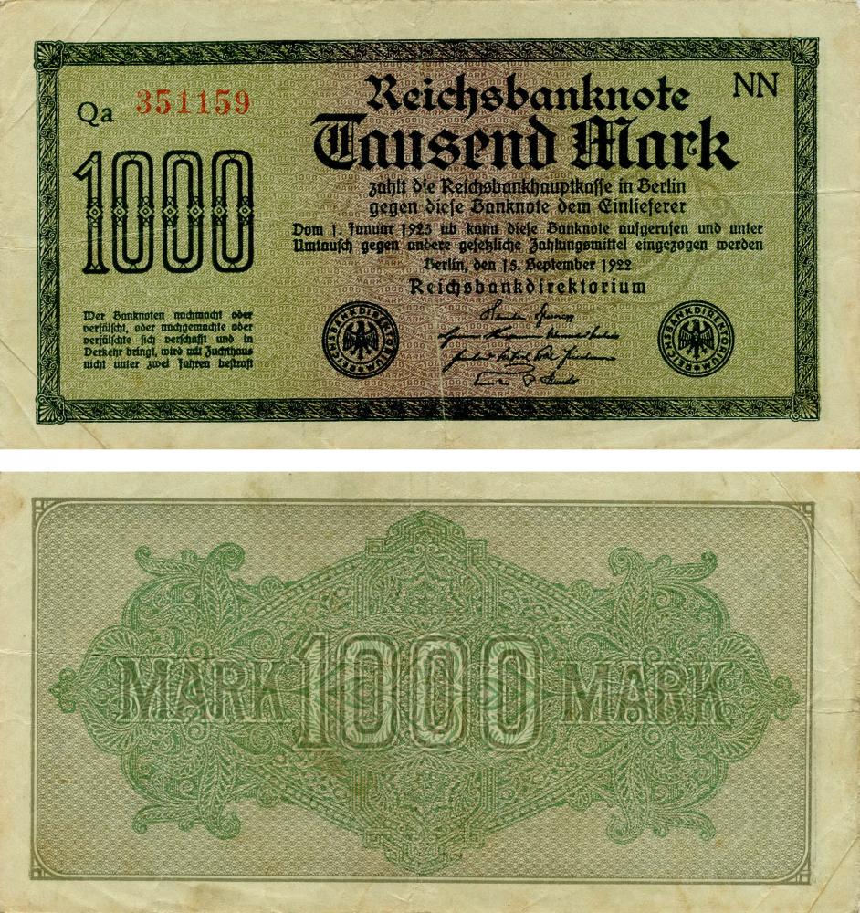 Коллекционная банкнота Германия 1000 марок 1922 VF-AU P76 (Б13208) Коллекционная банкнота Германия 1000 марок 1922 VF-AU P76 (Б13208)