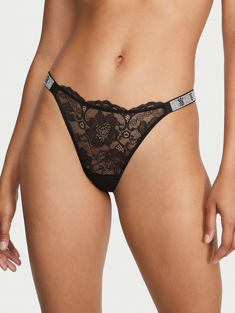 Трусики жіночі Victoria's Secret Shine Strap Lace Thong Panty мереживо зі стразами L Чорний (2083041991)