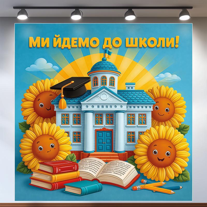 Баннер для фотозоны на выпускной в детском саду "Ми йдемо до школи" с подсолнухами и книгами 160х160 см Баннер для фотозоны на выпускной в детском саду "Ми йдемо до школи" с подсолнухами и книгами 160х160 см