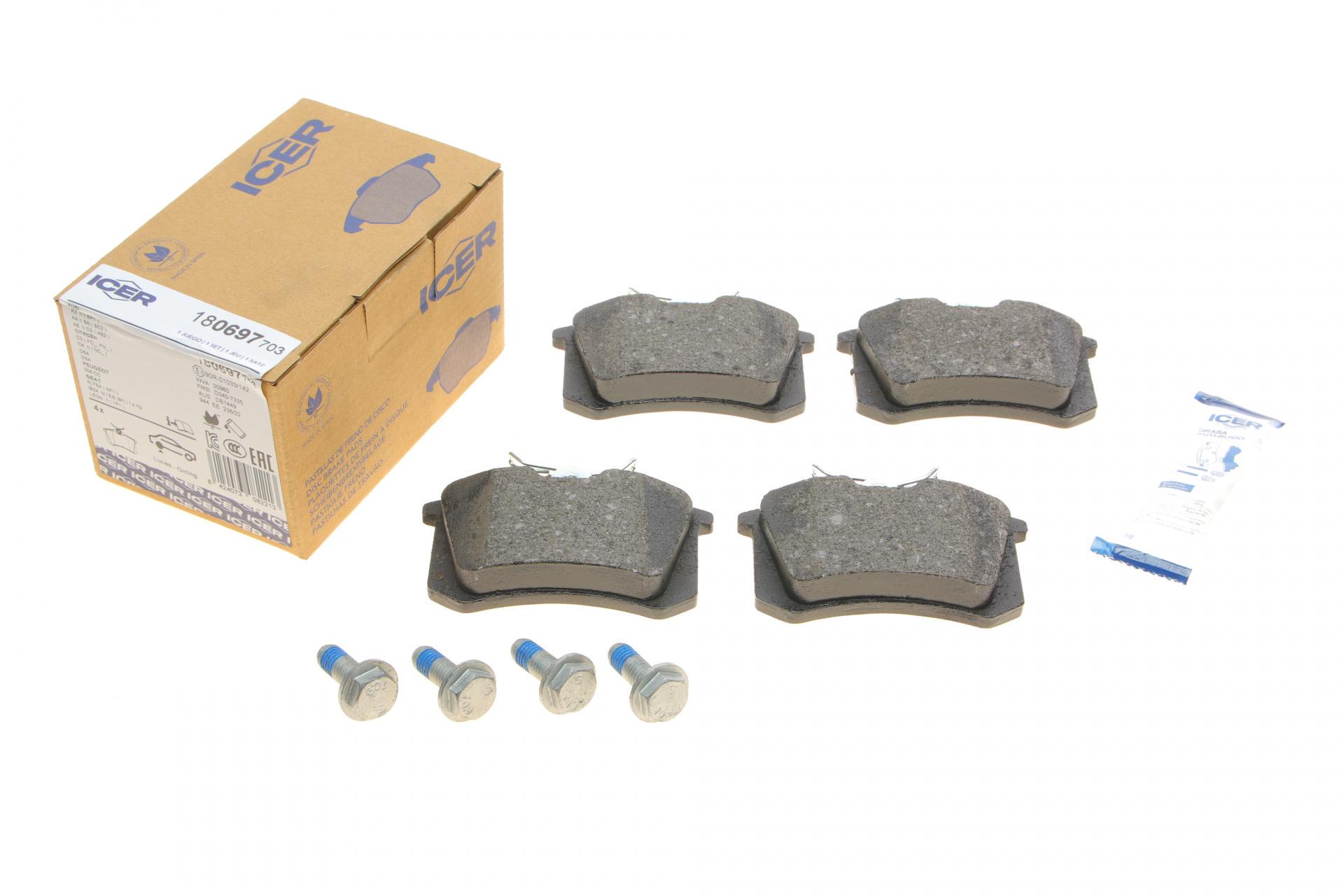 Колодки тормозные задние ICER Audi/Seat/Skoda Fabia/Octavia/VW Caddy/Passat 96-/Citroen/Peugeot 00- (180697-703)