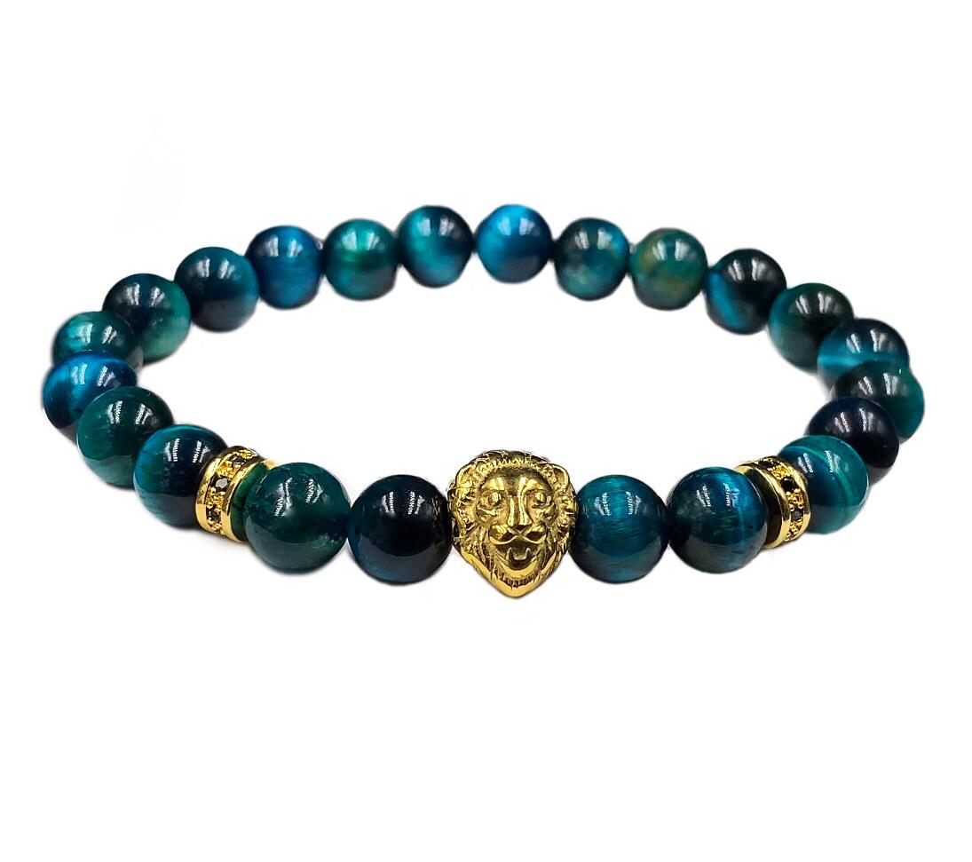 Браслет из тигрового глаза со львом и дисками р. 16 Голубой/Золотой (50042)