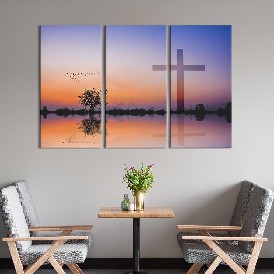 Модульная картина из 3 частей на холсте для интерьера Крест и ключ птиц 78x48 см (468-31)