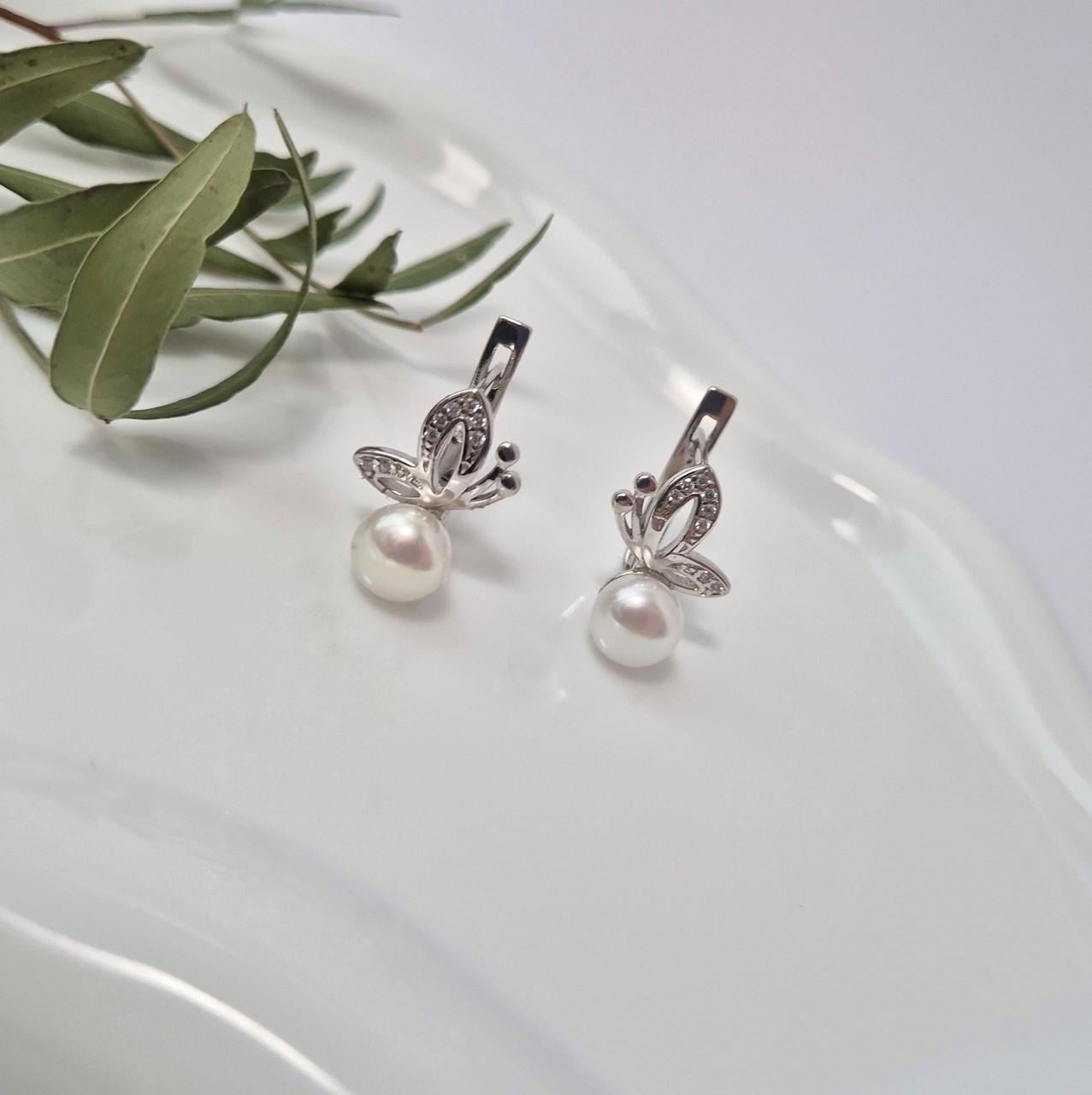 Серьги бабочки с жемчужиной имитация серебро пробы 925 родированное 5,22 г (лк0142рс)