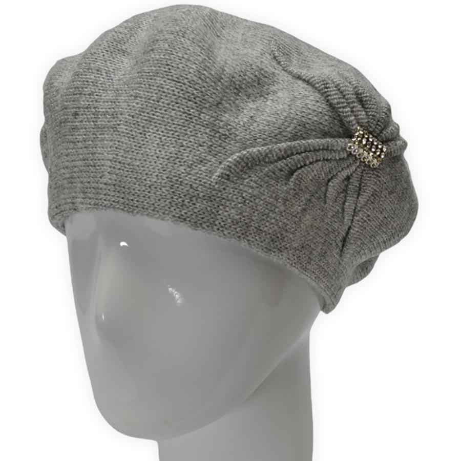 Берет женский Lirus Бонжур из шерсти двойной с узором сбоку и брошью Светло-серый