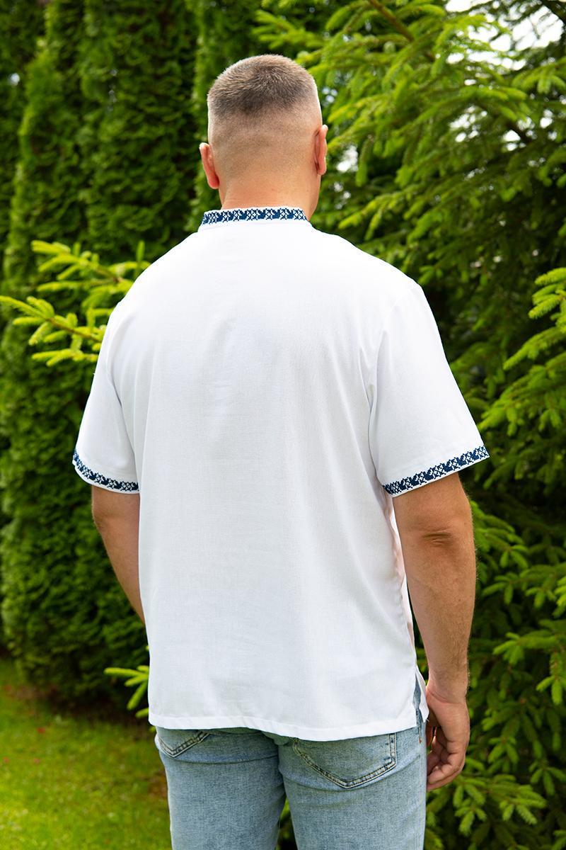Вышиванка льняная мужская с коротким рукавом с синим остронаментом 5XL Белый (1877379097) - фото 3