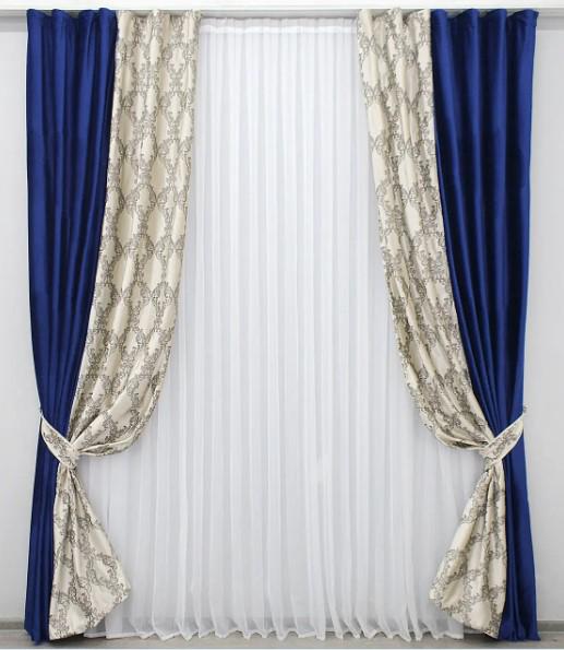 Шторы комбинированные бархат 1,5х2,7 м 2 шт. Синий/Шампань (014дк/904-893ш)