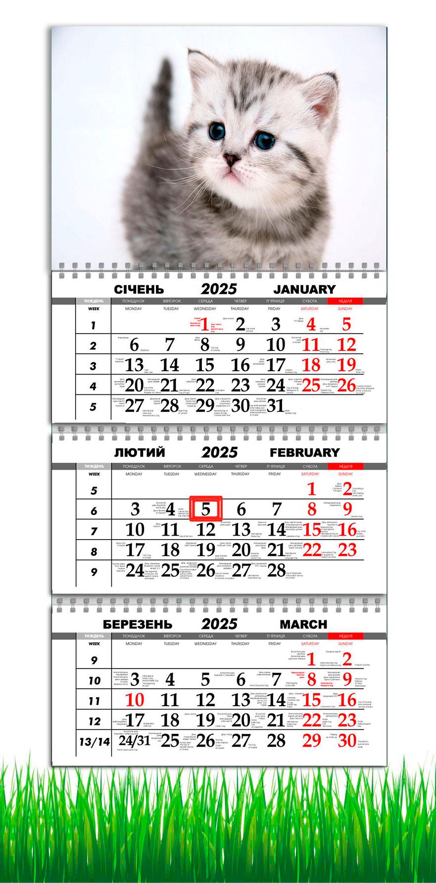 Календарь настенный квартальный на 2025 год на 3 пружины APRIORI Котик 30х61 см (UA2694)