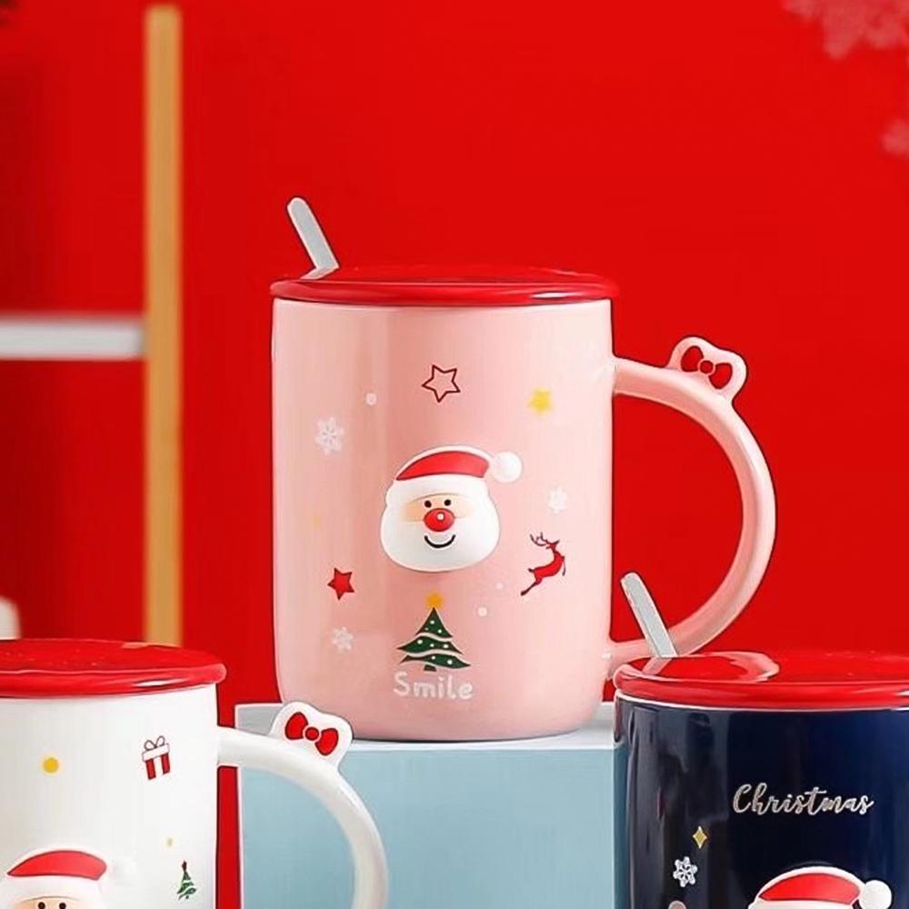 Чашка новогодняя с крышкой и ложкой Санта керамика 360 мл Розовый - фото 8