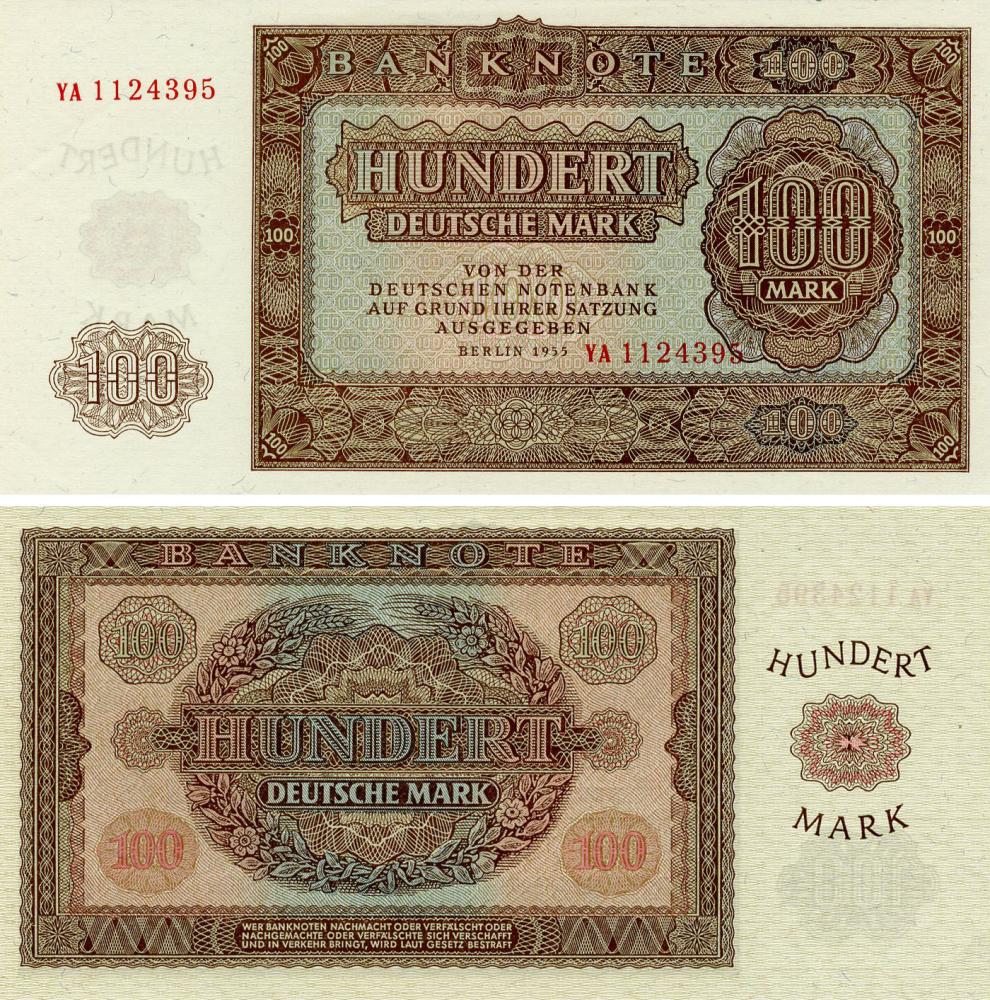 Коллекционная банкнота Германия 100 марок 1955 UNC ГДР (P21)