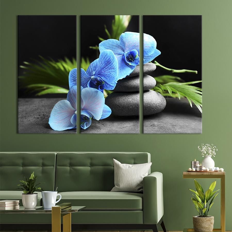 Модульная картина из 3 частей на холсте для интерьера Голубая орхидея и спа-камни 156x100 см (71-31) Модульная картина из 3 частей на холсте для интерьера Голубая орхидея и спа-камни 156x100 см (71-31)