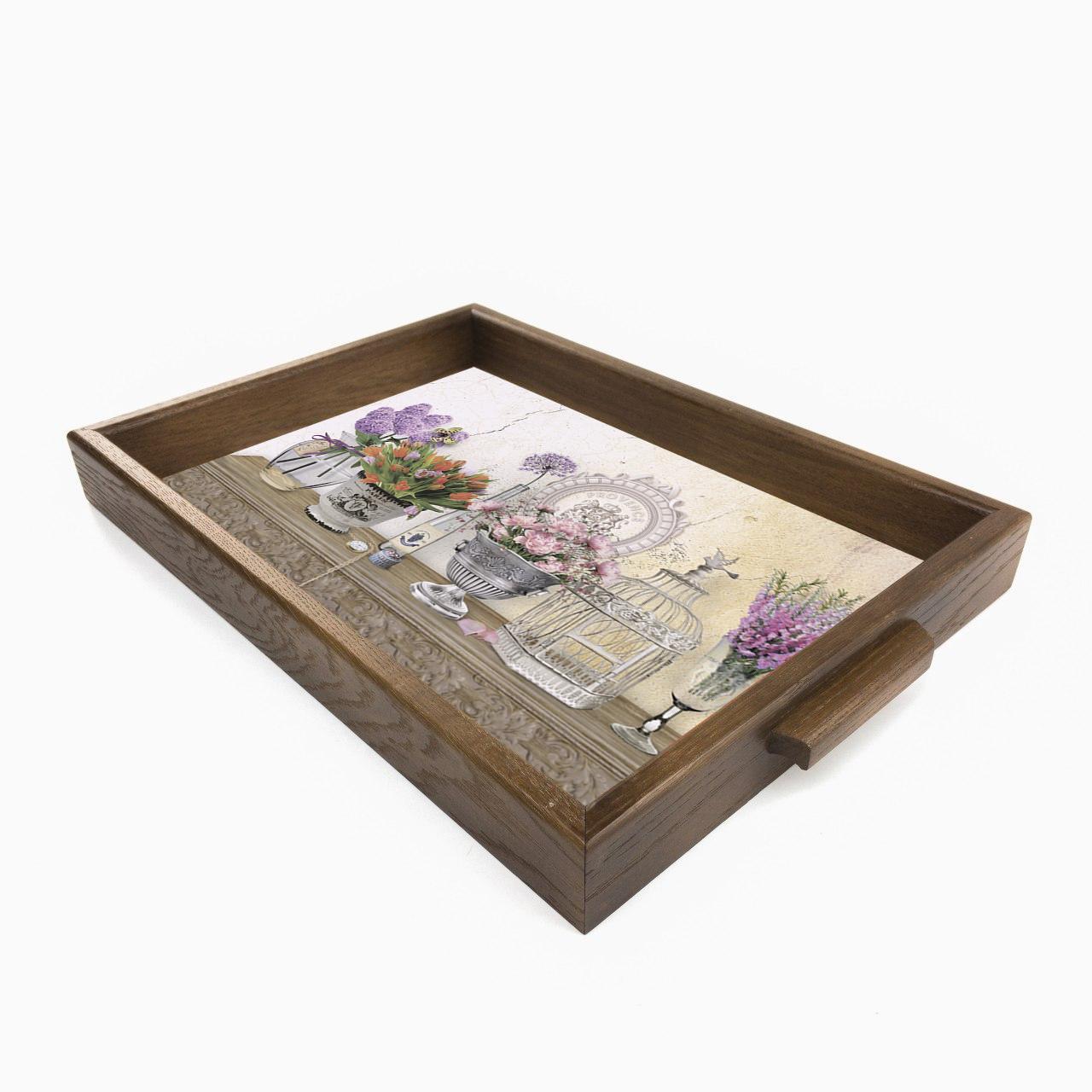 Поднос деревянный с ручками Букет тюльпанов и дельфиниумов 20х30 см (ппр0304ку20х30)