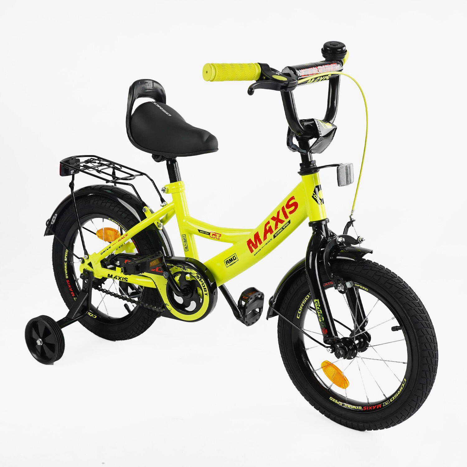 Велосипед двухколесный Corso MAXIS 14" детский с багажником Желтый - фото 1