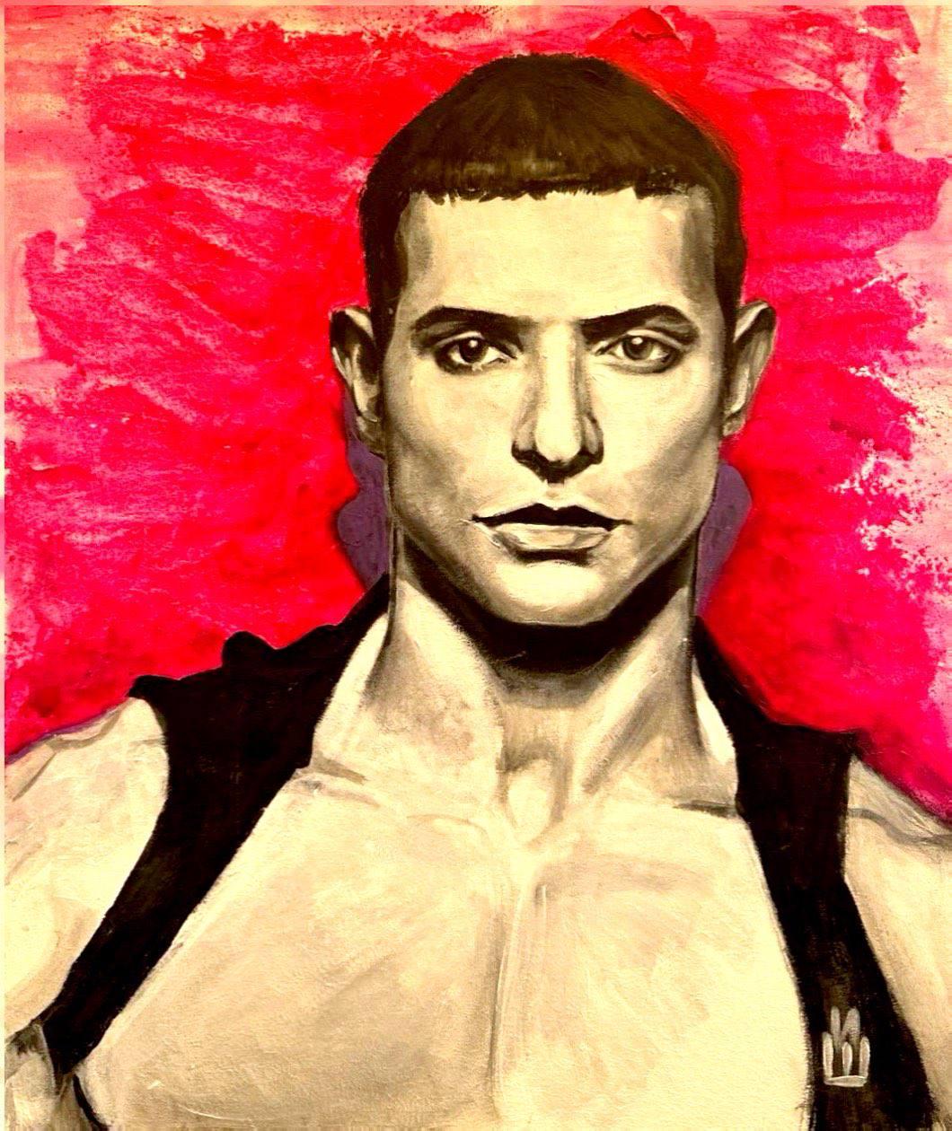 Картина Загадочный мужчина в майке на красном фоне на ДВП (2378368696)