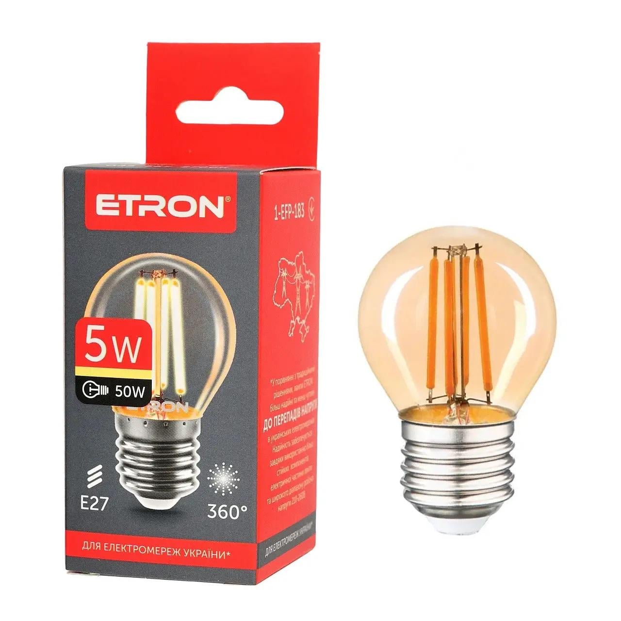 Лампа LED ETRON Filament 1-EFP-183 G45 E27 5W 2700K Золотой