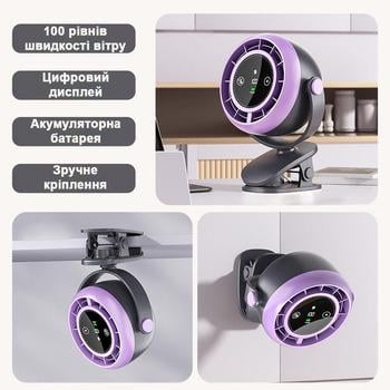 Вентилятор Wukong на акумуляторі з прищіпкою Сірий (33382) - фото 3