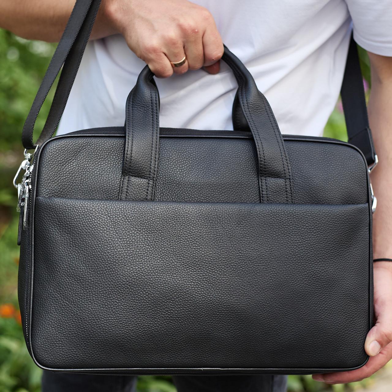 Портфель мужской на плечо Tiding Bag кожаный 40х28х10 см Черный (BR-302)