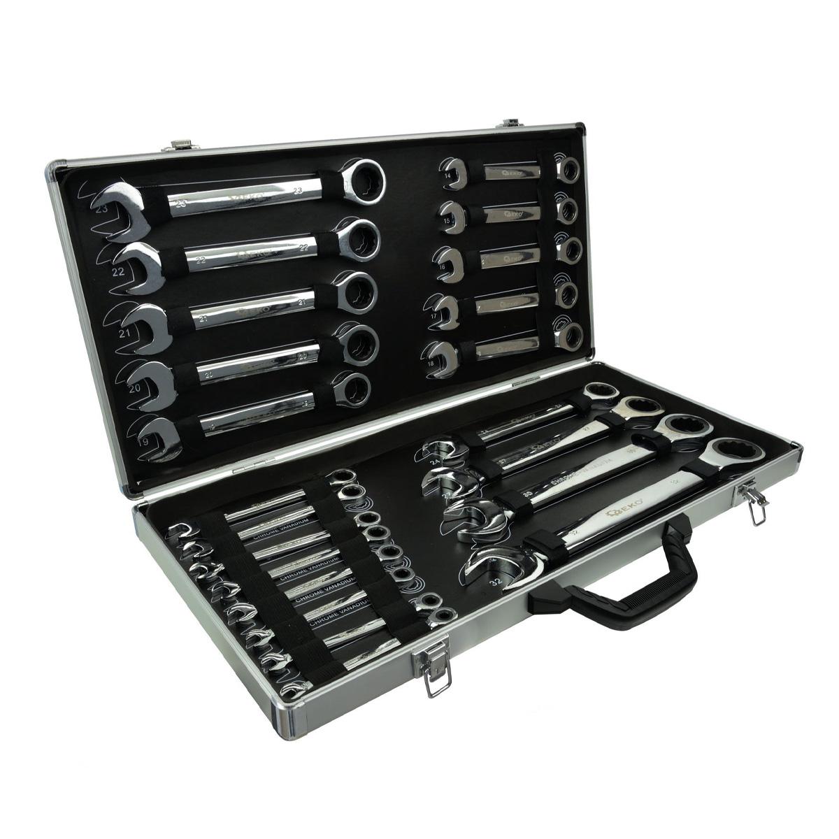 Набір комбінованих ключів із тріскачкою Geko G10341 в алюмінієвій валізі 6-32 мм 22 шт.