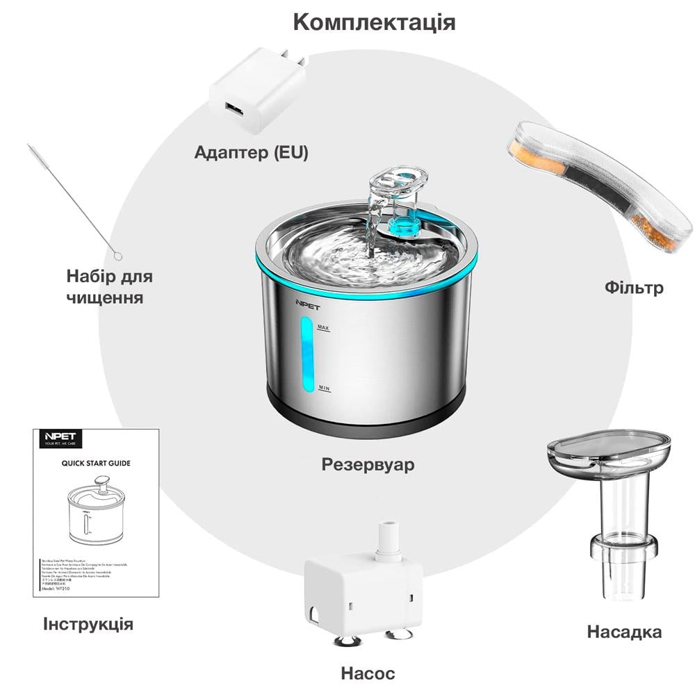 Поїлка - фонтан для котів і собак NPET WF210 1,5 л нержавіюча сталь та підсвітка (00996) - фото 11