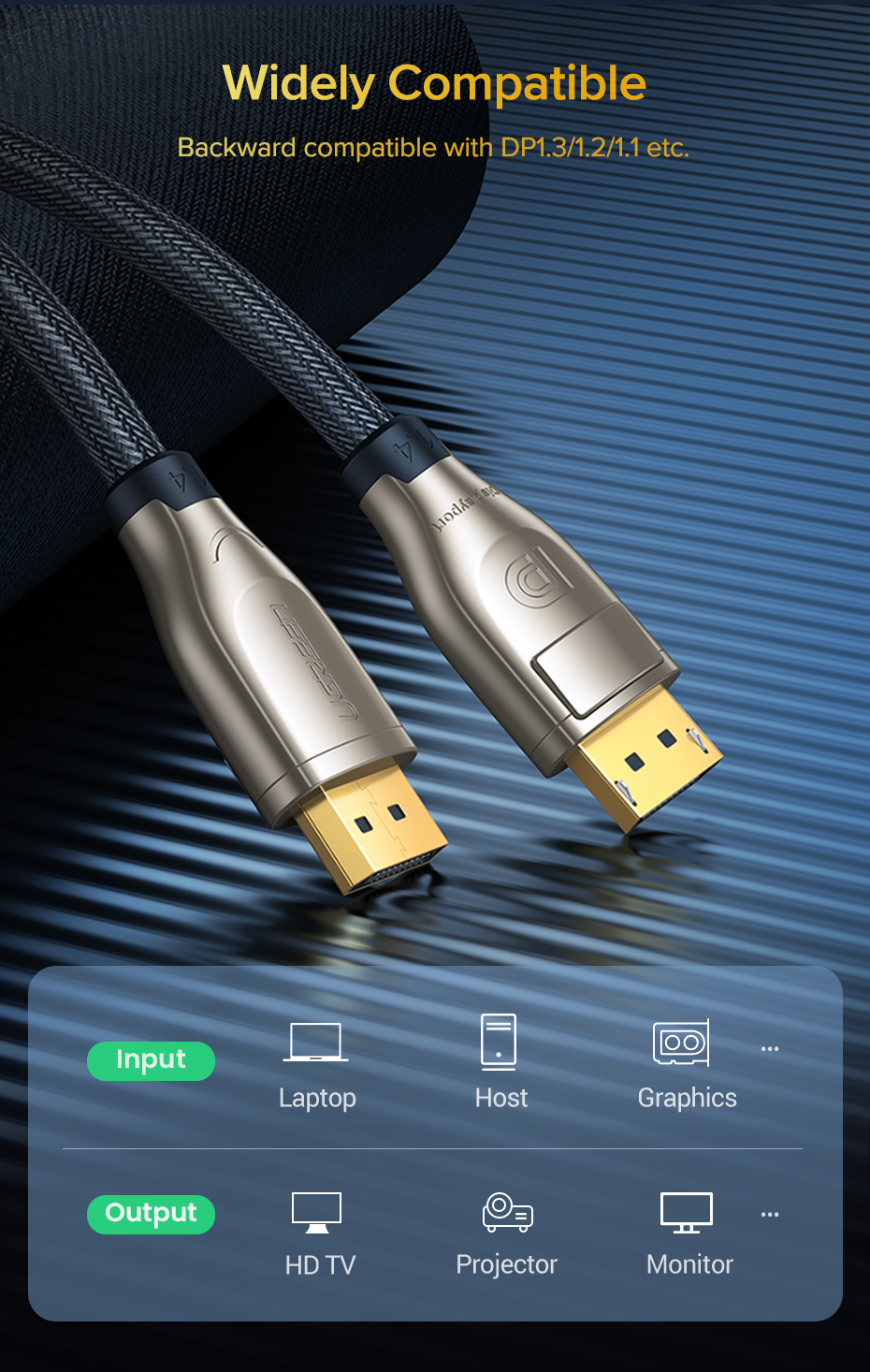 Кабель UGREEN DisplayPort 1.4 8K 60Hz 4K 144Hz 2K 165Hz 1080p 240Hz 32.4 Гбіт/с DP Dynamic HDR G-Sync Free Sync 3D 1 м Чорний (60842) - фото 4 Кабель UGREEN DisplayPort 1.4 8K 60Hz 4K 144Hz 2K 165Hz 1080p 240Hz 32.4 Гбіт/с DP Dynamic HDR G-Sync Free Sync 3D 1 м Чорний (60842) - фото 4