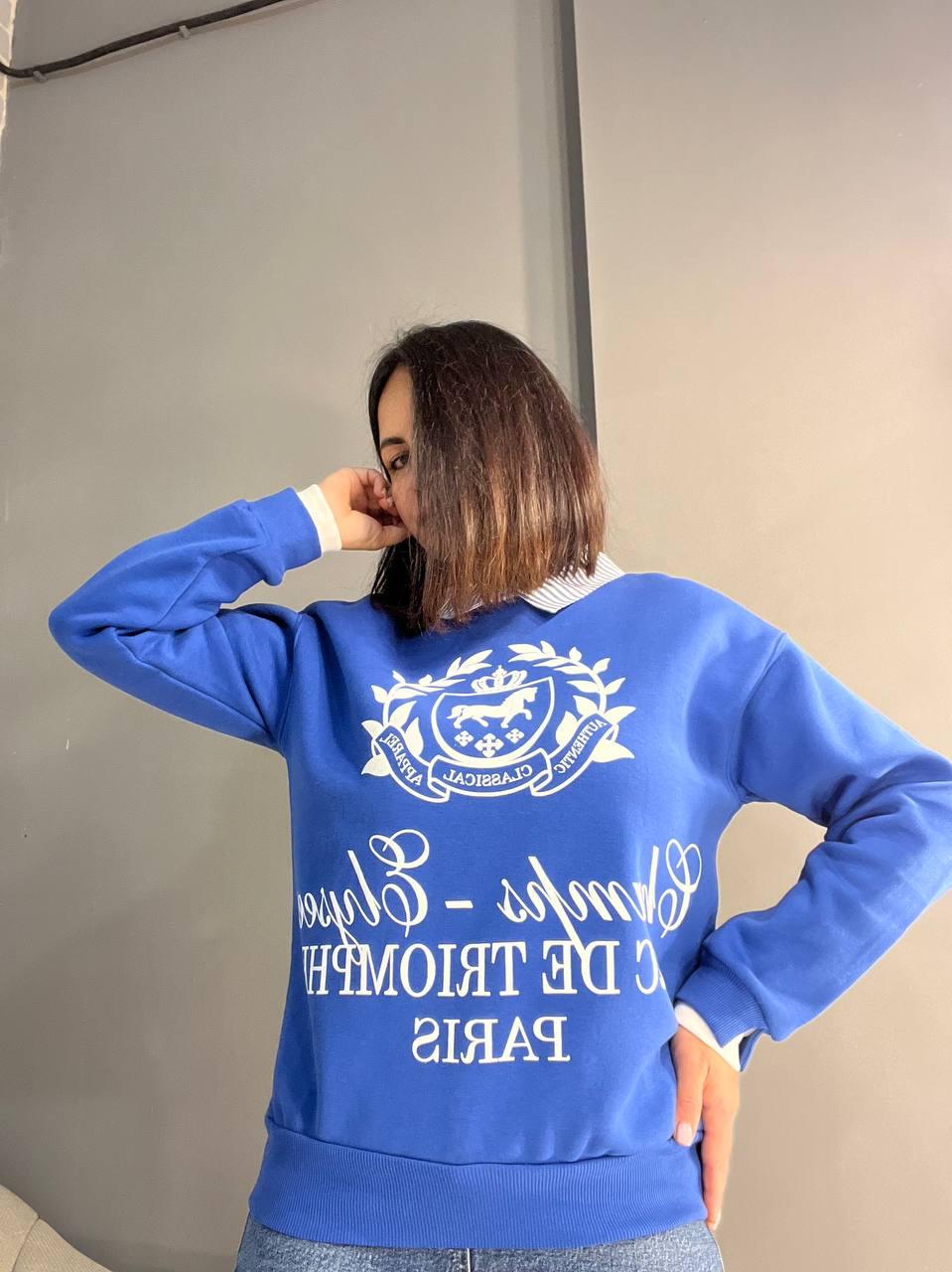 Свитшот женский OLIVIA 2473 с воротником и рисунком спереди утепленный на флисе OS Синий (1185) - фото 2