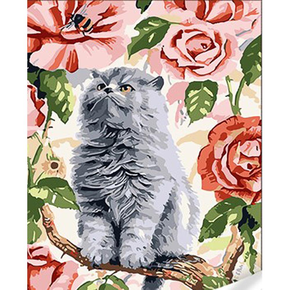Картина по номерам Strateg Премиум Мурчик среди цветов с лаком и уровнем 30x40 см (Str-SS1037)